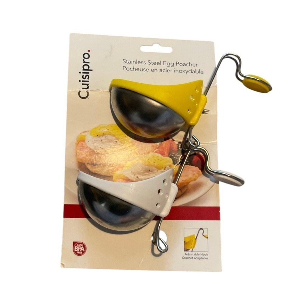 Cuisipro Stainless Steel Egg Poacher Set of 2 Yellow White Adjustable Hook NWT